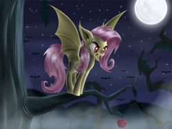 Size: 2000x1500 | Tagged: safe, artist:sirzi, fluttershy, bat pony, pony, bats!, apple, flutterbat, moon, night, race swap, solo, stars, tree