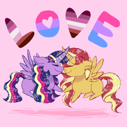 Size: 2100x2100 | Tagged: safe, artist:sketchymetal, sunset shimmer, twilight sparkle, twilight sparkle (alicorn), alicorn, pony, alicornified, bi twi, bilight sparkle, bisexual pride flag, boop, cuddling, eyes closed, female, gay pride, holding hooves, lesbian, lesbian pride flag, noseboop, pride, pride month, race swap, rainbow power, shimmercorn, shipping, sunsetsparkle