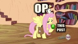 Size: 600x338 | Tagged: safe, angel bunny, fluttershy, owlowiscious, spike, dragon, pegasus, pony, just for sidekicks, animated, book, drama, gem, golden oaks library, hub logo, hubble, lol, measuring cup, metaphor gif, op, op is fluttershy, reaction image, saddle bag, stairs, symbolism, text, the hub