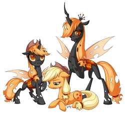 Size: 1230x1120 | Tagged: safe, artist:heilos, applejack, changeling, changeling queen, fanfic:changelings of harmony, fanfic:six queens, fanfic:the advent of applejack, applejack's hat, changelingified, cover art, cowboy hat, fanfic art, fanfic cover, hat, orange changeling, queen applejack, simple background, species swap, stetson, white background