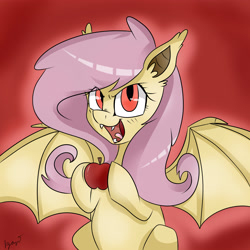 Size: 4000x4000 | Tagged: safe, artist:bloodyhellhayden, fluttershy, bat pony, pony, bats!, apple, flutterbat, race swap, solo