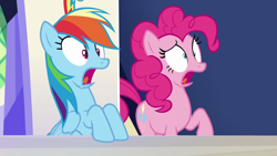 Size: 1280x720 | Tagged: safe, derpibooru import, screencap, pinkie pie, rainbow dash, earth pony, pegasus, pony, 28 pranks later, castle, friendship throne, reaction, shocked, table, throne