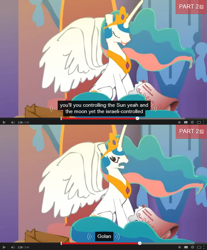 Size: 640x774 | Tagged: safe, artist:skaijo, princess celestia, alicorn, pony, annoyed, banana bag, friendship is magic bitch, golan heights, israel, megaphone, meme, syria, youtube caption, youtube link