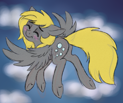 Size: 1823x1521 | Tagged: safe, artist:honiibree, derpy hooves, pegasus, pony, blushing, eyes closed, female, floppy ears, flying, happy, mare, smiling, solo, underhoof