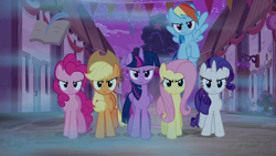 Size: 1280x720 | Tagged: safe, derpibooru import, screencap, applejack, fluttershy, pinkie pie, rainbow dash, rarity, twilight sparkle, twilight sparkle (alicorn), alicorn, earth pony, pegasus, pony, unicorn, to where and back again, animation error, evil mane six, mane six, nightmare, our town