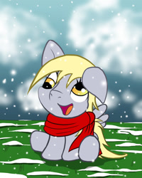 Size: 900x1125 | Tagged: safe, artist:cyle, derpy hooves, pegasus, pony, clothes, female, mare, scarf, snow, snowfall, solo, winter