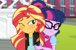 Size: 6000x4000 | Tagged: safe, artist:spottedlions, sci-twi, sunset shimmer, twilight sparkle, equestria girls, spoiler:eqg specials, absurd resolution, bowtie, canterlot high, clothes, courtyard, eyes closed, female, glasses, hug, jacket, leather jacket, lesbian, necktie, one eye closed, portal, scitwishimmer, shipping, statue, sunsetsparkle