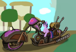 Size: 1466x1012 | Tagged: safe, artist:zergrex, derpibooru import, twilight sparkle, motorcycle, sitting, smiling, solo, warcraft, world of warcraft