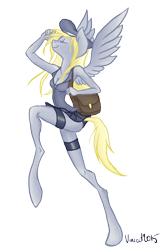 Size: 818x1251 | Tagged: safe, artist:vautaryt, derpy hooves, anthro, cap, eyes closed, hat, long legs, mailbag, mailmare, simple background, skinny, solo, spread wings, transparent background