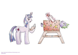 Size: 1063x751 | Tagged: safe, artist:witchbehindthebush, derpibooru import, spike, twilight sparkle, dragon, pony, unicorn, book, box, box sawing trick, female, levitation, magic, magic trick, male, mare, saw, telekinesis, traditional art