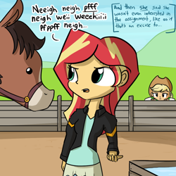 Size: 1080x1080 | Tagged: safe, artist:tjpones, applejack, sunset shimmer, horse, equestria girls, bilingual, bridle, cute, dialogue, frown, gossip, homesick shimmer, horse noises, humans doing horse things, leaning, lidded eyes, open mouth, raised eyebrow, tack, translation, unamused