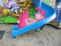 Size: 958x718 | Tagged: safe, artist:jaelachan, artist:kmeprz, pinkie pie, irl, laughing, mat, painting, photo, ponies in real life, slide, solo, vector