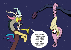 Size: 1280x904 | Tagged: safe, artist:joeywaggoner, discord, fluttershy, bat pony, pony, bats!, dialogue, flutterbat, hanging, night, race swap, stars, tree, upside down