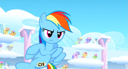 Size: 1099x597 | Tagged: safe, screencap, derpy hooves, dizzy twister, lightning bolt, merry may, misty fly, orange swirl, rainbow dash, white lightning, pegasus, pony, sonic rainboom (episode), background pony, background pony audience, female, flying, high spirits, mare, solo focus