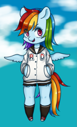 Size: 505x829 | Tagged: safe, artist:shusu, derpibooru import, rainbow dash, pegasus, pony, semi-anthro, clothes, converse, shoes, smiling, solo