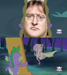 Size: 1088x1220 | Tagged: safe, edit, fluttershy, spike, bat pony, human, bats!, exploitable meme, flutterbat, flutterbat's mirror, gabe newell, hub logo, irl, irl human, meme, mirror, photo, race swap