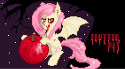 Size: 987x545 | Tagged: safe, artist:gabooo-parzhat, fluttershy, bat pony, pony, apple, flutterbat, night, race swap, solo, stars, tree