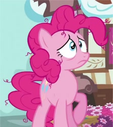 Size: 389x436 | Tagged: safe, screencap, pinkie pie, earth pony, pony, wonderbolts academy, cropped, frazzled, messy mane, raised hoof, reaction image, sad, solo