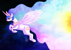 Size: 1280x908 | Tagged: safe, artist:thepipefox, princess celestia, alicorn, pony, day, flying, night, solo, sun