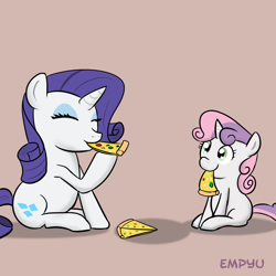 Size: 1000x1000 | Tagged: safe, artist:empyu, rarity, sweetie belle, pony, unicorn, 30 minute art challenge, eating, pizza