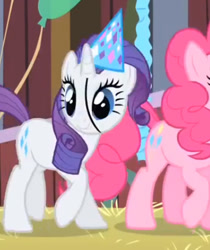 Size: 383x456 | Tagged: safe, screencap, pinkie pie, rarity, earth pony, pony, unicorn, party of one, animation error, hat, party hat