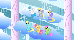 Size: 1099x597 | Tagged: safe, screencap, cloud kicker, derpy hooves, dizzy twister, lightning bolt, merry may, orange swirl, sassaflash, white lightning, pegasus, pony, sonic rainboom (episode), audience, background pony, background pony audience, cloudiseum, female, mare, stands