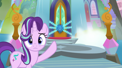 Size: 1920x1080 | Tagged: safe, screencap, starlight glimmer, pony, unicorn, school daze, bridge, eea seal, looking at you, pointing, school of friendship, solo, waterfall