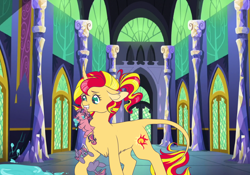 Size: 1024x717 | Tagged: safe, artist:uniquecolorchaos, sunset shimmer, oc, oc:autumn symphony, oc:summer sonata, pony, baby, baby pony, magical lesbian spawn, mouth hold, offspring, parent:sunset shimmer, parent:twilight sparkle, parents:sunsetsparkle