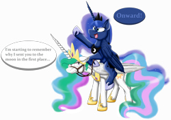 Size: 4672x3264 | Tagged: safe, artist:shadeila, princess celestia, princess luna, alicorn, pony, bit gag, bridle, celestia is not amused, floppy ears, frown, gag, open mouth, ponies riding ponies, reins, siblings, simple background, sisters, smiling, this will end in tears and/or a journey to the moon, unamused