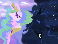 Size: 1600x1200 | Tagged: safe, artist:thelittledixie, princess celestia, princess luna, alicorn, pony, crown, female, horn, mare, siblings, sisters