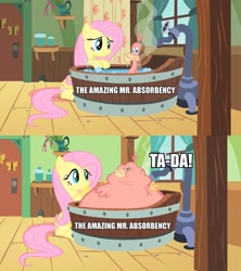 Size: 715x804 | Tagged: safe, edit, edited screencap, screencap, fluttershy, philomena, pegasus, pony, a bird in the hoof, bath, culture shock, image macro, inflation, spongebob squarepants