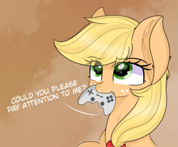 Size: 2219x1835 | Tagged: safe, artist:janelearts, applejack, earth pony, pony, controller, cute, ear fluff, female, freckles, jackabetes, mare, mouth hold, talking to viewer