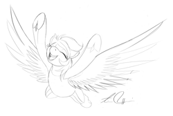 Size: 1001x674 | Tagged: safe, artist:artschmo, derpy hooves, pegasus, pony, equestria games, female, flying, lineart, mare, monochrome, sketch, solo, spread wings