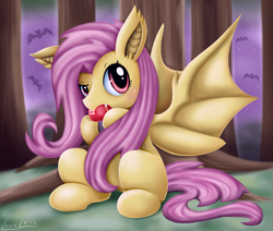 Size: 1471x1250 | Tagged: safe, artist:vavacung, fluttershy, bat, bat pony, pony, bats!, apple, eating, flutterbat, pixiv, race swap, solo, tree