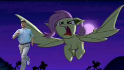 Size: 1920x1080 | Tagged: safe, edit, edited screencap, screencap, fluttershy, bat pony, human, bats!, fangs, flutterbat, flutterbat attack, flying, forrest gump, irl, irl human, meme, moon, night, photo, race swap, run forrest run, tom hanks