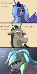 Size: 1024x2048 | Tagged: safe, artist:blueheart417, discord, princess celestia, princess luna, alicorn, pony, crying, regret, s1 luna