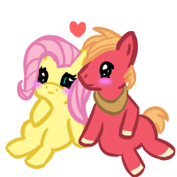 Size: 500x500 | Tagged: safe, artist:rainikiekoo, big macintosh, fluttershy, earth pony, pegasus, pony, blushing, chibi, fluttermac, heart, male, shipping, stallion, straight