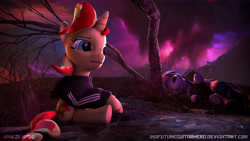 Size: 9600x5400 | Tagged: safe, artist:imafutureguitarhero, sunset shimmer, twilight sparkle, twilight sparkle (alicorn), alicorn, pony, unicorn, 3d, absurd resolution, adidas, barren, clothes, dead bush, dead tree, female, film grain, hoodie, lying, mare, mountain, open mouth, post-apocalyptic, sad, sitting, source filmmaker, struggling, tracksuit, tree, wasteland, windswept mane