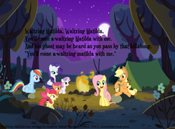 Size: 1024x758 | Tagged: safe, artist:didgereethebrony, derpibooru import, apple bloom, applejack, fluttershy, rainbow dash, rarity, scootaloo, sweetie belle, earth pony, pegasus, pony, unicorn, comic:waltzing matilda, banjo, banjo patterson, campfire, comic, guitar, moon, musical instrument, singing, tent, waltzing matilda