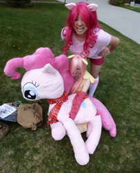 Size: 810x1000 | Tagged: safe, artist:kitara88, fluttershy, pinkie pie, human, cosplay, giant plushie, irl, irl human, photo, plushie