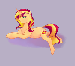 Size: 1024x911 | Tagged: safe, artist:vivianity, sunset shimmer, pony, prone, simple background, solo