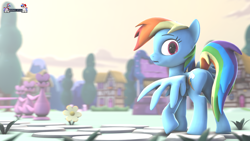 Size: 1024x576 | Tagged: safe, artist:spinostud, derpibooru import, rainbow dash, pegasus, pony, 3d, butt, looking back, plot, solo, source filmmaker, town