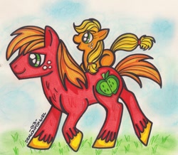 Size: 1024x892 | Tagged: safe, artist:dragonfoxgirl, applejack, big macintosh, earth pony, pony, filly, male, ponies riding ponies, stallion, traditional art