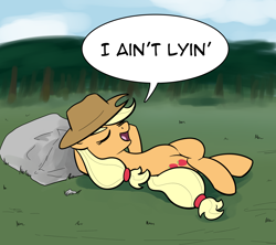 Size: 1800x1600 | Tagged: safe, artist:whatsapokemon, applejack, earth pony, pony, eyes closed, lying, on back, paradox, pun, rock, solo