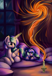 Size: 1950x2850 | Tagged: safe, artist:grennadder, princess celestia, princess luna, alicorn, pony, candle, filly, fire, happy, magic, moon, open mouth, prone, pyromancy, reflection, smiling, woona