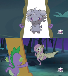 Size: 1084x1220 | Tagged: safe, edit, fluttershy, spike, bat pony, pony, undead, vampire, vampony, bats!, espurr, exploitable meme, flutterbat, flutterbat's mirror, meme, mirror, pokémon, race swap