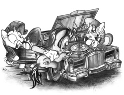 Size: 900x696 | Tagged: safe, artist:uminanimu, rarity, sweetie belle, oc, oc:sketchy, pony, unicorn, car, lincoln (car), lincoln continental, monochrome, traditional art