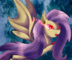 Size: 950x800 | Tagged: safe, artist:kemonomo, fluttershy, bat pony, pony, bats!, apple, fangs, flutterbat, glowing eyes, looking at you, open mouth, pixiv, race swap, smiling, solo, spread wings