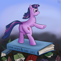 Size: 1280x1280 | Tagged: safe, artist:brainedbysaucepans, derpibooru import, twilight sparkle, book, pile, plot, solo, surfing