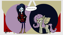 Size: 1024x576 | Tagged: safe, artist:ilumintor, fluttershy, bat pony, human, pony, bats!, adventure time, crossover, flutterbat, marceline, race swap